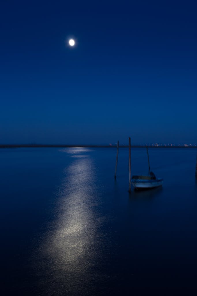 Home A tranquil scene of a boat under moonlight in Aveiro, Portugal, capturing the serene beauty of night.